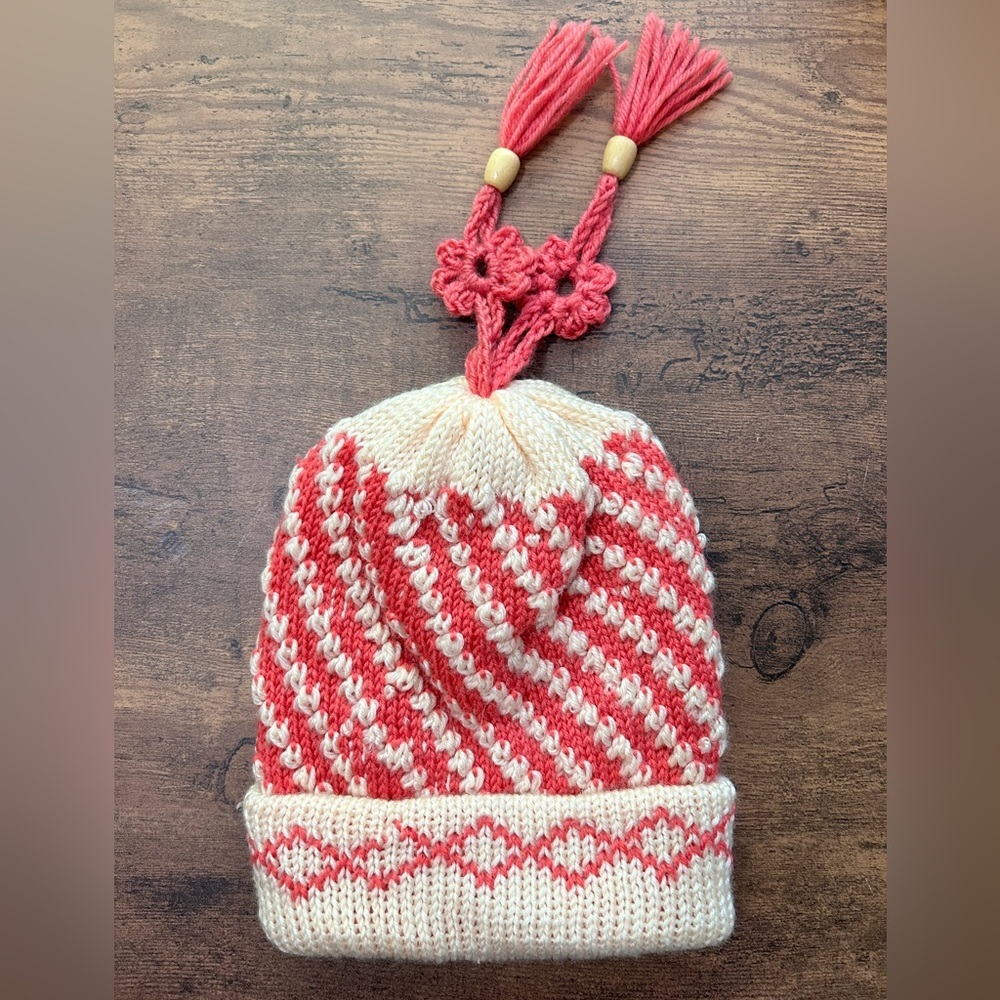 Vintage Striped Knit Beanie with Tassels – 1970s/1980s Handmade Winter Hat